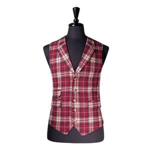 Mens 42R Wool Vest Burgundy Cream Plaid Waistcoat Classic Formal Wedding Party